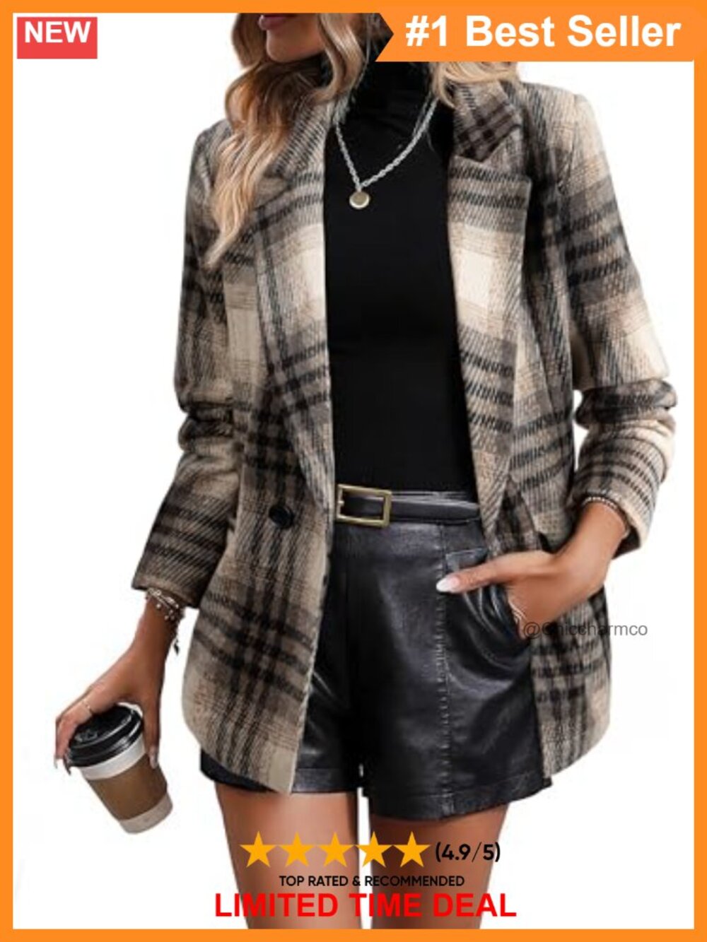 Plaid Blazer Double Breasted Open Front Lapel Collar Long Sleeve Work Suit